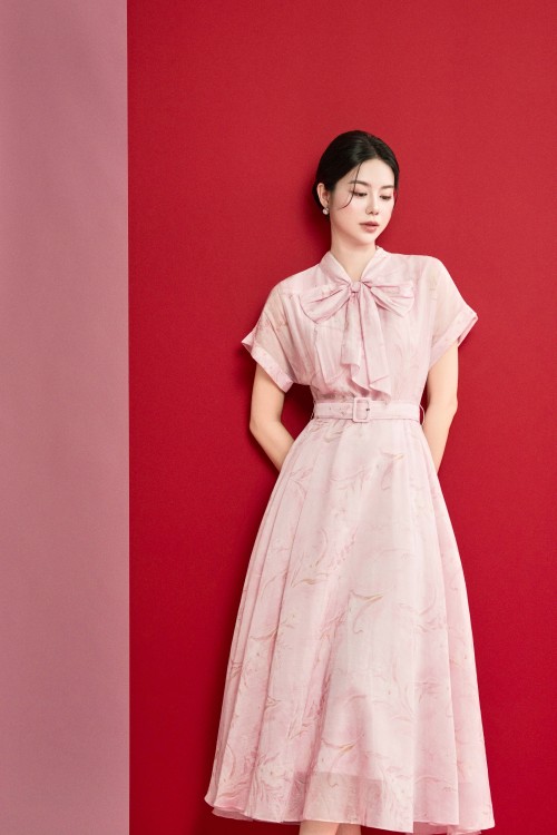 Sixdo Pink Organza Flared Dress